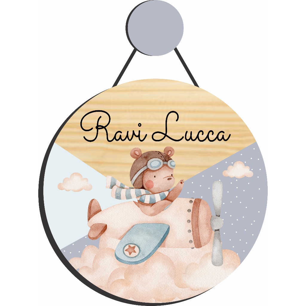 Enfeite Porta Maternidade Urso Aviador Nuvens, Ursinho Aquarela - Nome personalizado - Decoração.