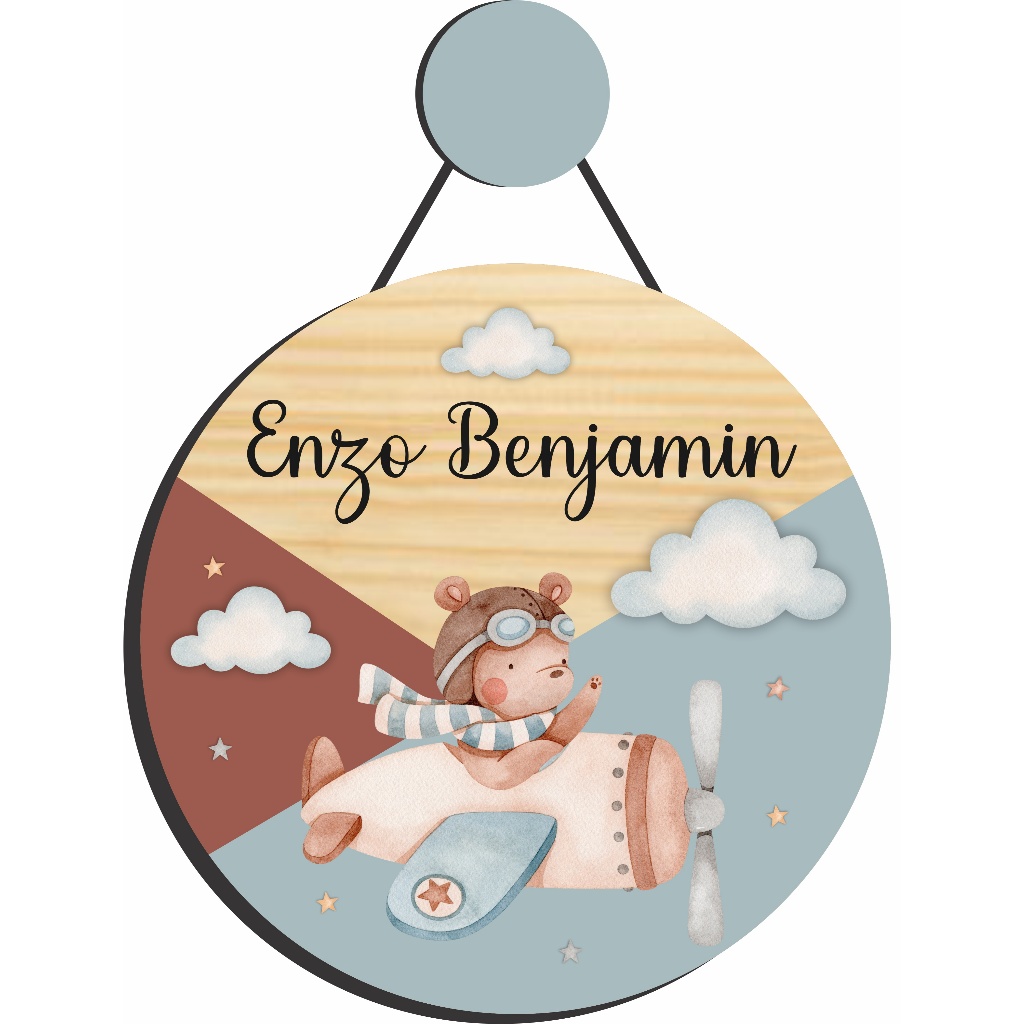Enfeite Porta Maternidade Urso Aviador, Nuvens, Ursinho Aquarela - Nome personalizado - Decoração!