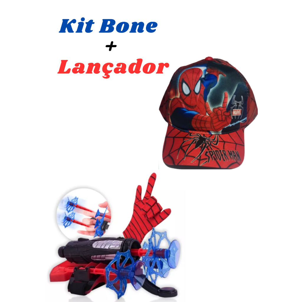 Kit 1 lançador Homem aranha + 1 Boné Aranha Menino Infantil Vermelho Verão Sol Proteção