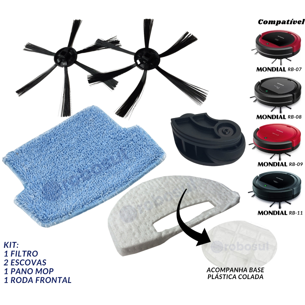 Roda Frontal Escovas Filtro e Mop Para Robô Aspirador Mondial RB07 - RB08 - RB09 - RB11
