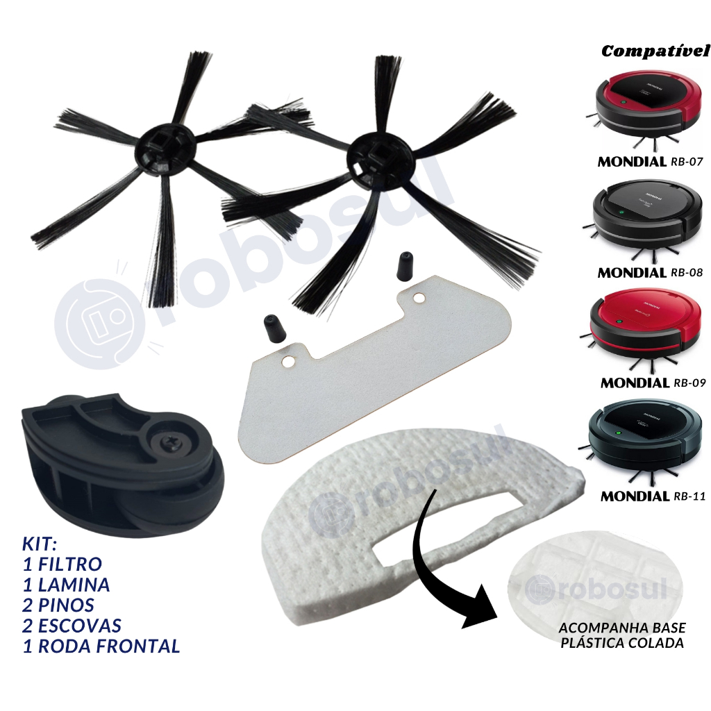 Roda Frontal Escova Filtro Lamina e Pinos Robo Aspirador Mondial RB07 - RB08 - RB09 - RB11