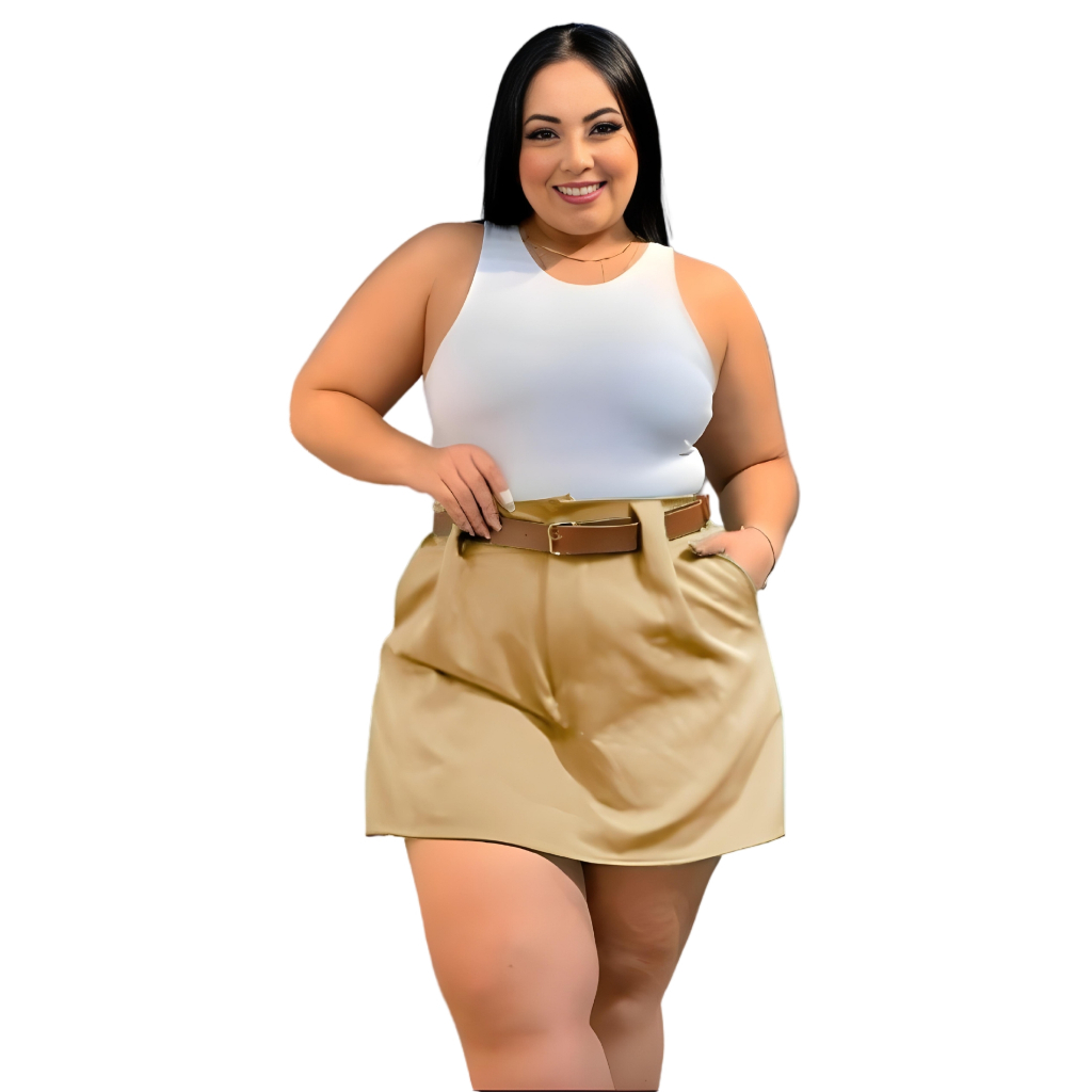 Short Saia Plus Size Com Cinto Tamanho 44 Ao 52 com Bolso em Oferta na Shopee