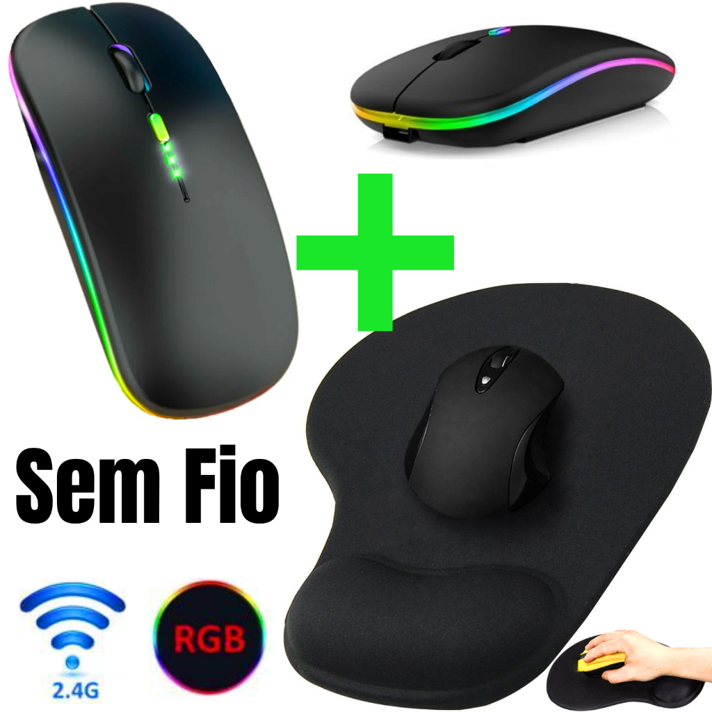 Kit Mouse Sem Fio Wireless Recarregavel 2,4 Ghz Led RGB Home Office Ergonômico Silencioso+ Mousepad Escritório