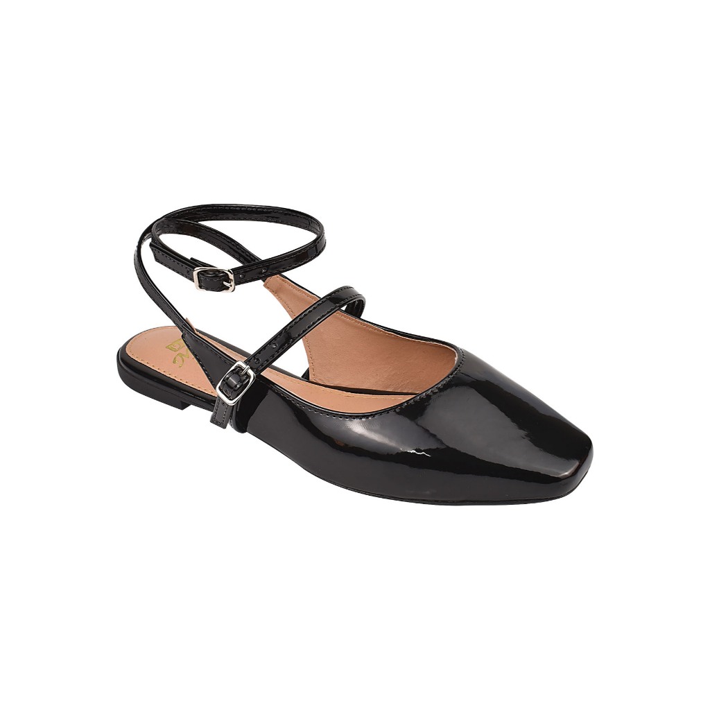 Sapatilha Slingback Feminina Bico Quadrado Tira Moda Verniz Fivela Confortável Tendência