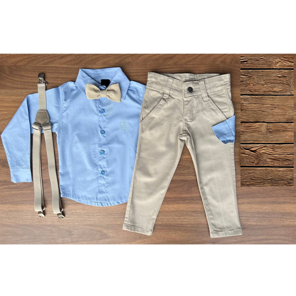 Roupa Menino Infantil Camisa Manga Longa Azul Claro Calça Color Bege Suspensório e Gravata Bege