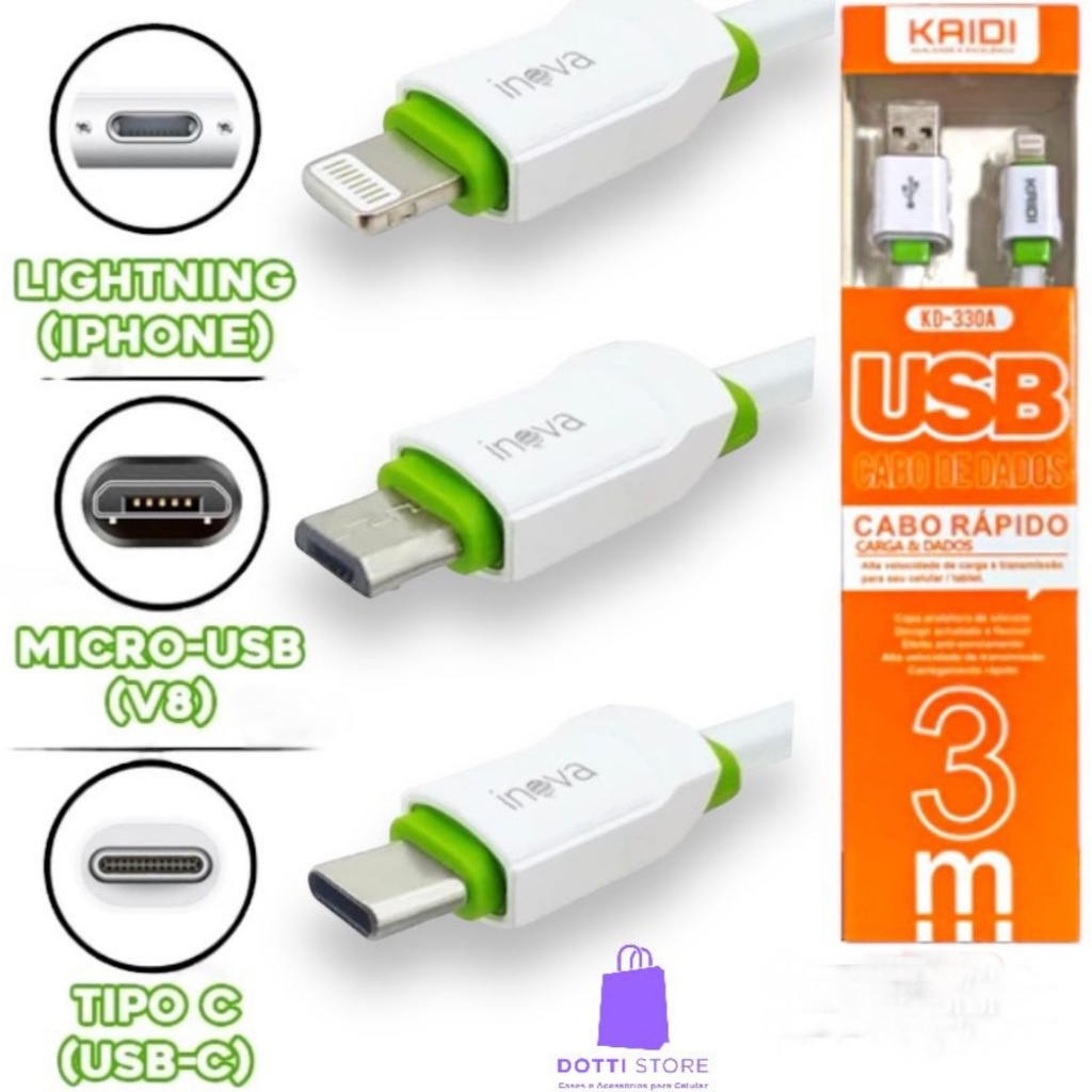 Cabo 1, 2 e 3 Metros Kaidi turbo rápido iPhone / Micro-USB e Tipo-C em Oferta na Shopee