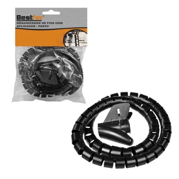 Organizador de Fio + Aplicador 1 e 2 Metros Preto 20mm Espiral Esconder Fios Cabos - Bestfer