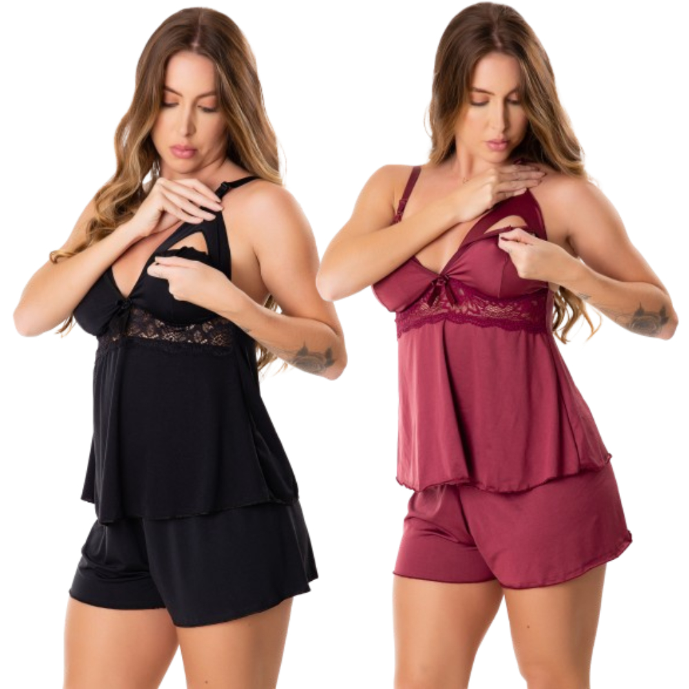 Kit 2 Baby Doll Amamentação Maternidade Gestante Abre Fácil Pós Parto Para Dormir Short Pijama