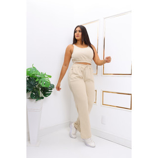 conjunto de calça pantalona de moletinho com cropped Top perfeito estilo a bom gosto em um conjunto.