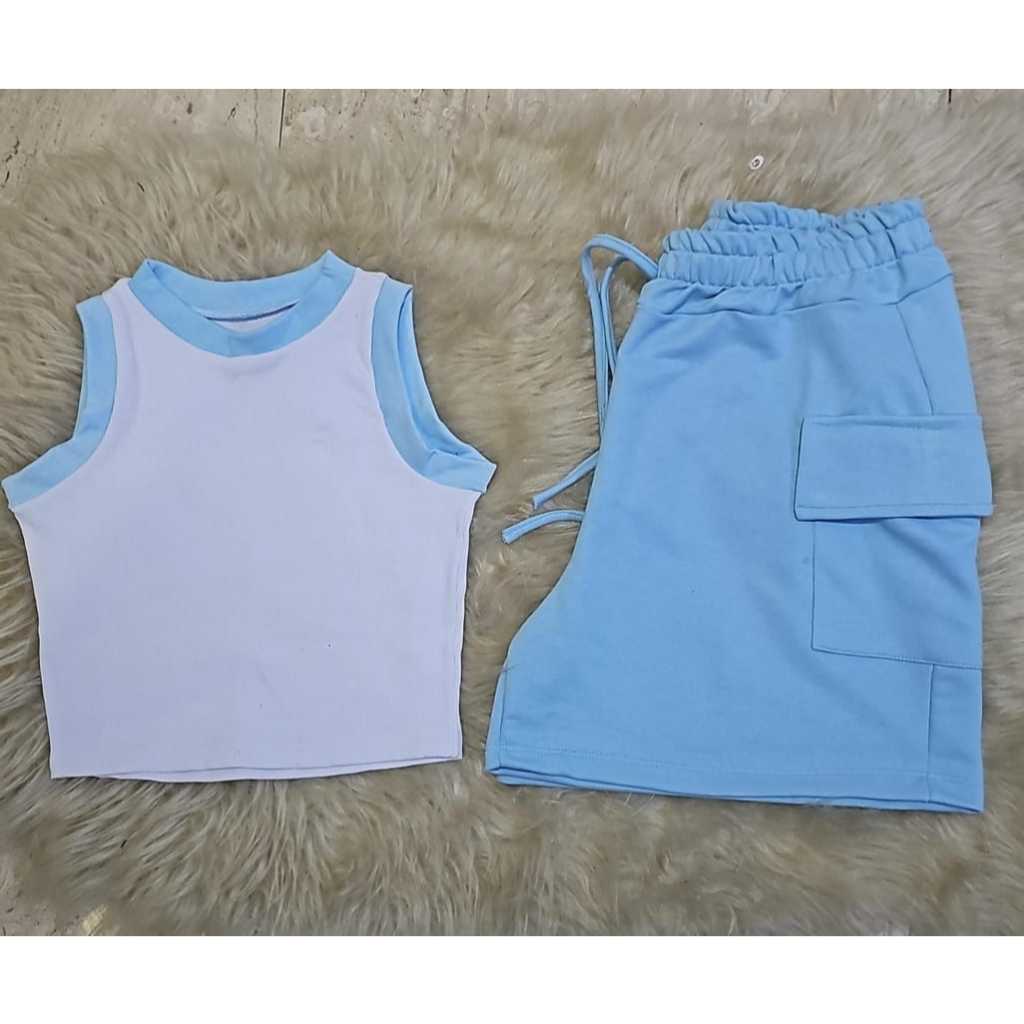Conjunto Esmeralda - Shorts Cargo e Blusinha Ribana Bicolor Cores Novas Moda Verao. em Oferta na Shopee