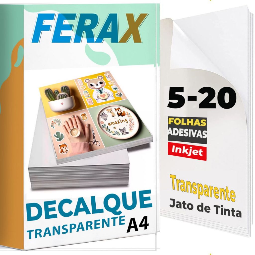 Decalque Transparente Gomado Transfer Ferax Folhas papel decalque A4 Impressora Jato de Tinta