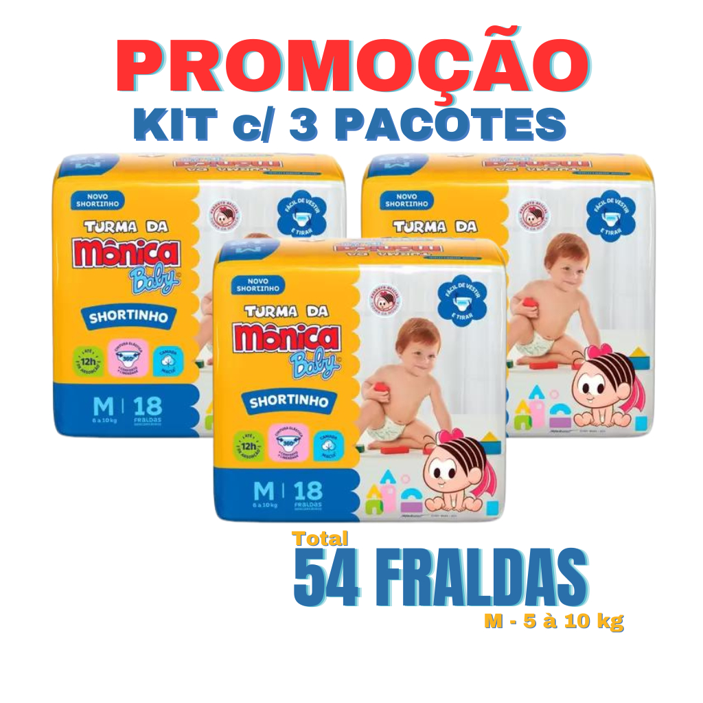 Kit 3 pacotes fralda Turma da Mônica Baby Shortinho tamanho M