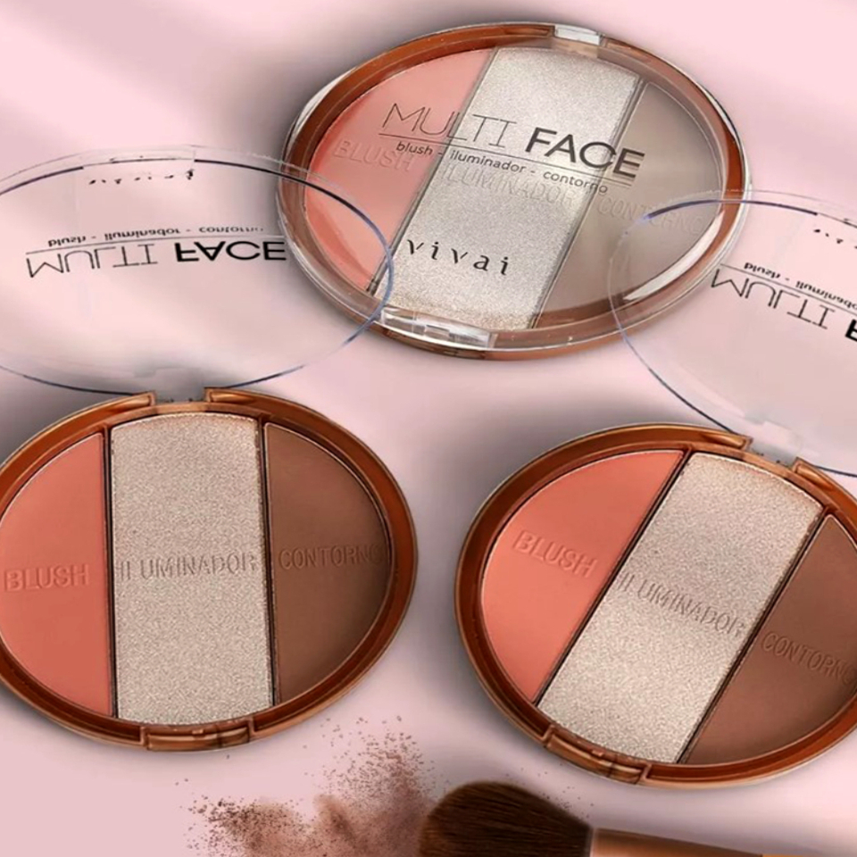 Paleta Vivai blush iluminador e contorno, maquiagem 3 em 1, multifuncional, pigmentada, prática