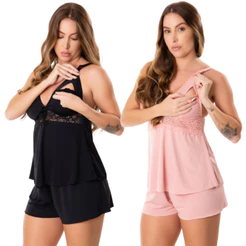 Kit 2 Baby Doll Amamentação Gestante Maternidade Pós Parto Short Para Dormir Abre Fácil Pijama