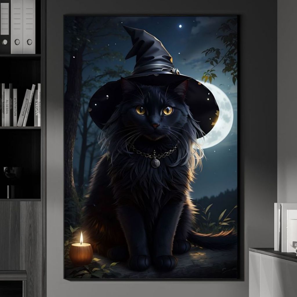 Quadro decorativo gato preto de chapéu de bruxa e abóboras de halloween para seu quarto — imagem 2 de 2