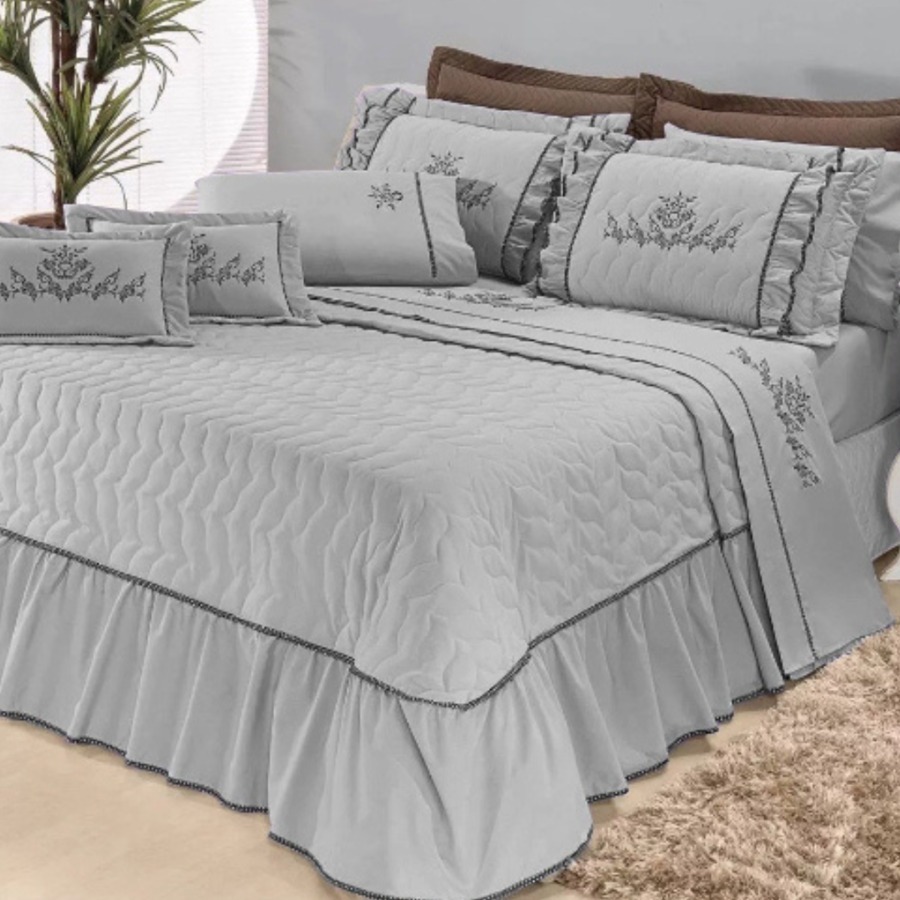 Kit Cobre leito Mosaico Luxo casal king matelado bordado cinza