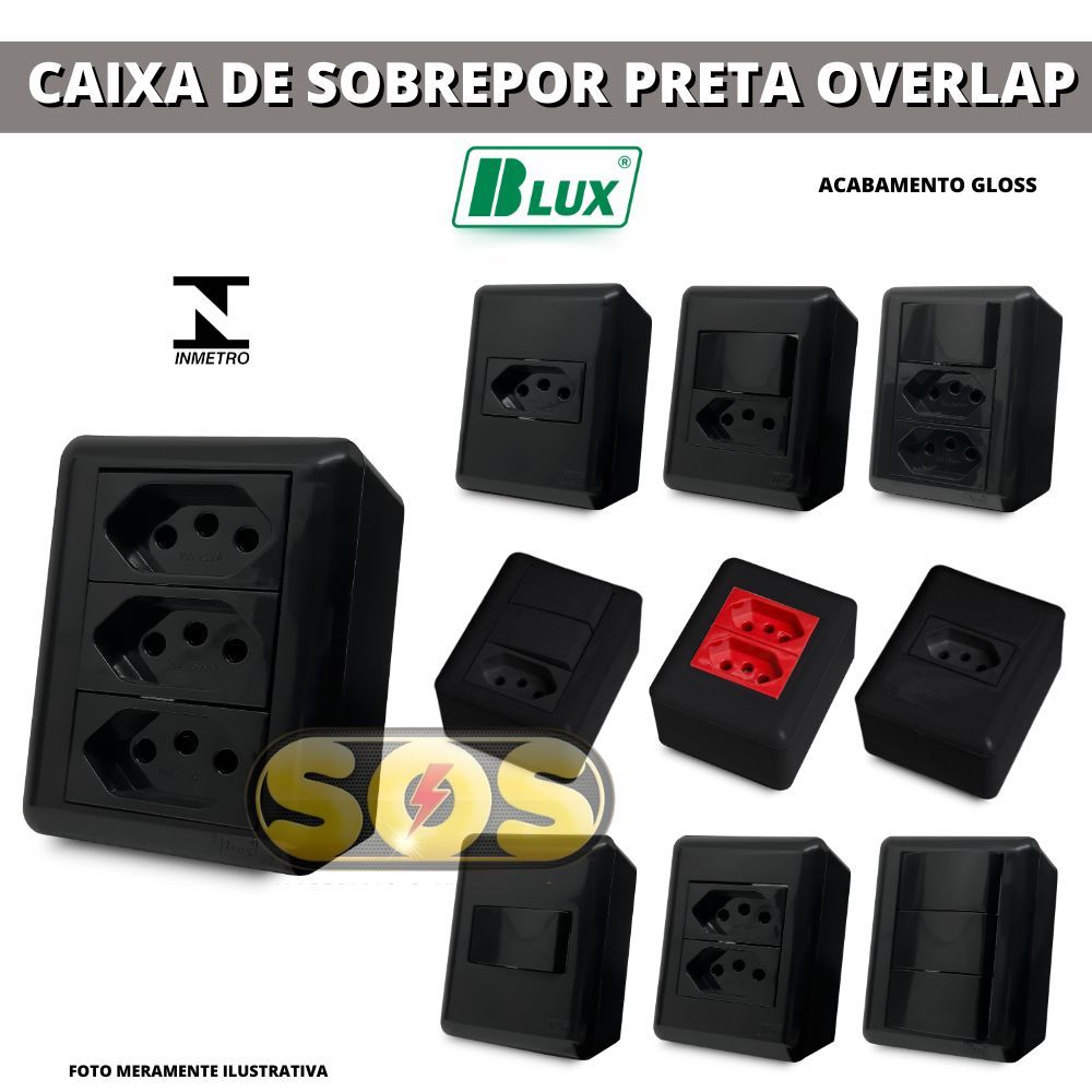 CONJUNTOS CAIXA SOBREPOR PRETA BLACK TOMADAS E INTERRUPTORES, RJ45 OU RJ11 OVERLAP BLUX