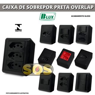 CONJUNTOS CAIXA SOBREPOR PRETA BLACK TOMADAS E INTERRUPTORES, RJ45 OU RJ11 OVERLAP BLUX