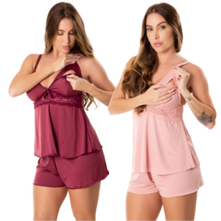 Kit 2 Short Doll Amamentação Com Click Abre Fácil Gestante Baby Doll Pós Parto Pijama Maternidade em Oferta na Shopee