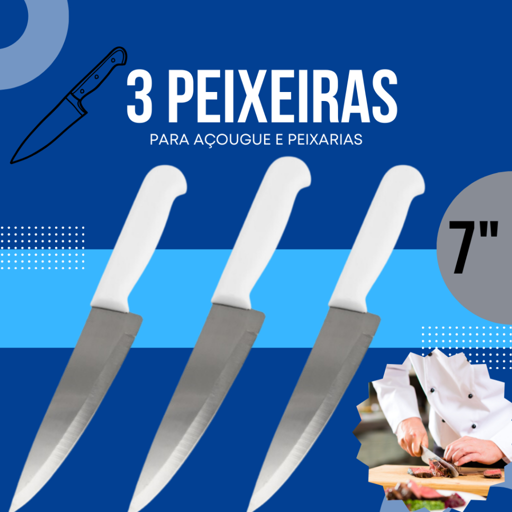 Jogo de 3 Facas 7" Polegadas  Para Peixarias, Açougue e Mercearias