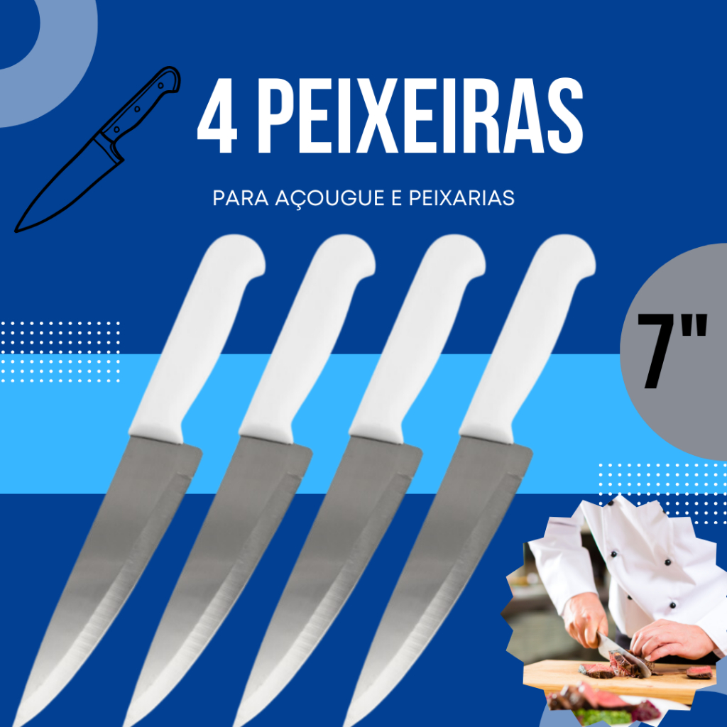 Jogo de 4 Facas 7" Polegadas Para Peixarias, Açougue e Mercearias