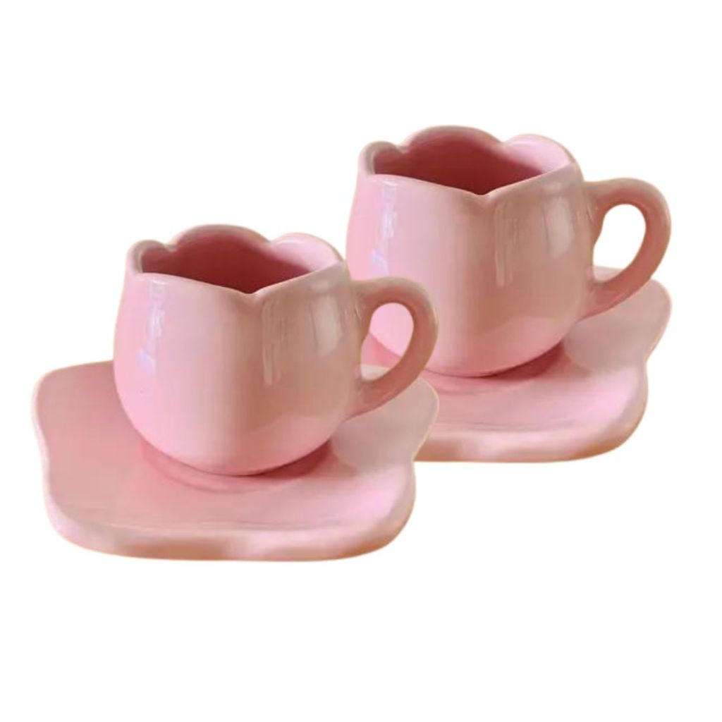 Kit Jogo 2 Xícara Tulipa Para Café Em Cerâmica Com Pires Coloridas 80ml Lisa