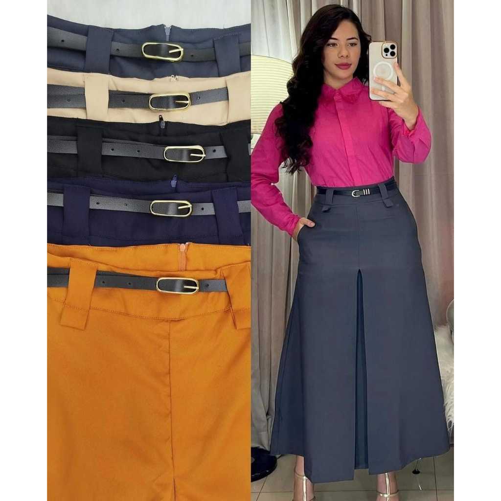 Saia alfaiataria com bolso e cinto-Modelo fenda fechada frente cód 199