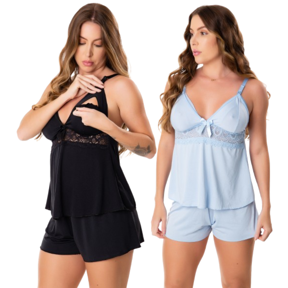 Kit 2 Baby Doll Amamentação Maternidade Abre Fácil Pós Parto Gestante Short Para Dormir Pijama