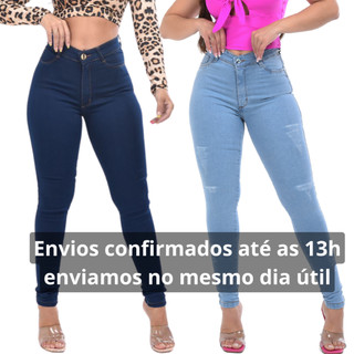 Kit 2 Calças Feminina na Promoção Cintura Alta Lycra Elastano Premium Cós Alto Levanta Bu…