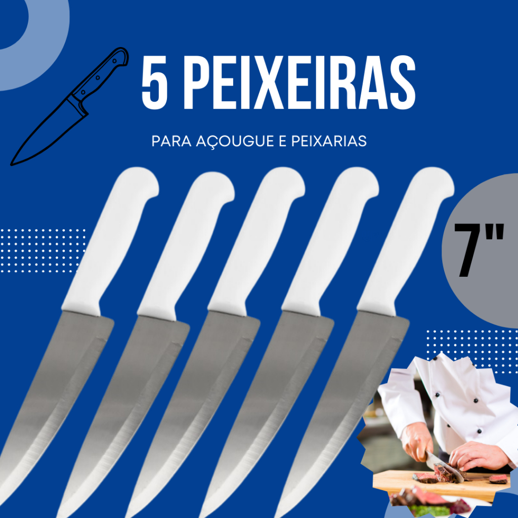 Jogo de 5 Facas 7" Polegadas Para Peixarias, Açougue e Mercearias