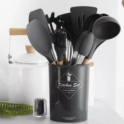 Jogo de Cozinha Kit C/12 Peças de Silicone, Utensílios e Copo Suporte para Cozinha Cabo de Madeira