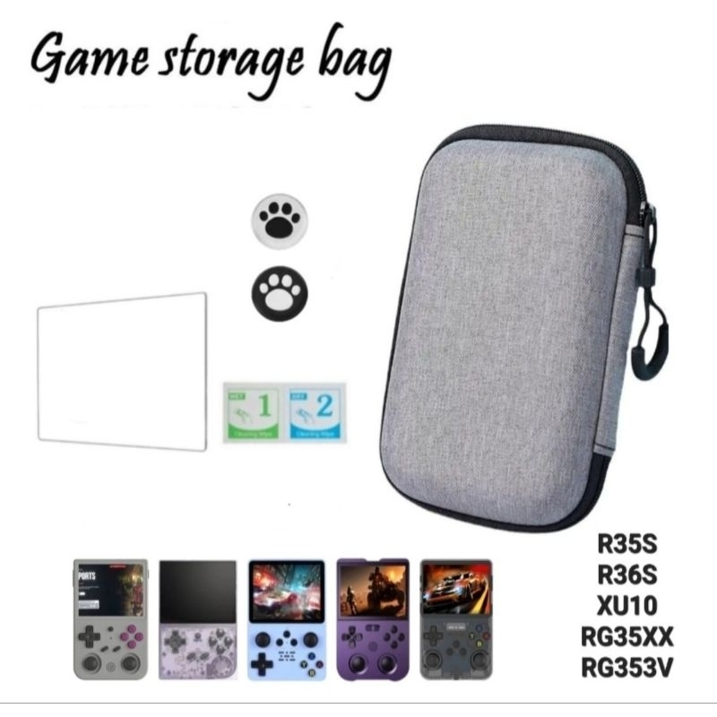 Capa Bolsa protetora Cinza , Par grips , Película de vidro HD, para consoles R35S, R36S, XU10, RG35XX, RG353V.