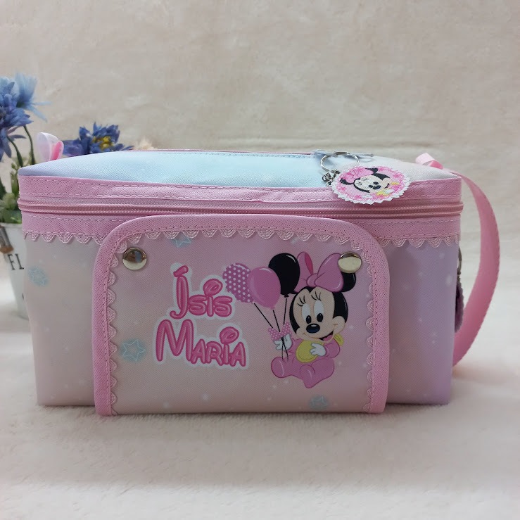 Nécessaire Higiene do Bebê Porta Fraldas e Lenços Umedecidos -Tema Minnie Baby Balão - Personalizada