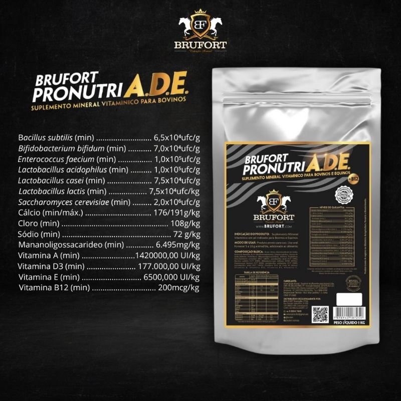 Brufort ProNutri ADE B12 Probioticos Leveduras Vitaminas para Equinos Bovinos Ganho Peso Recuperação