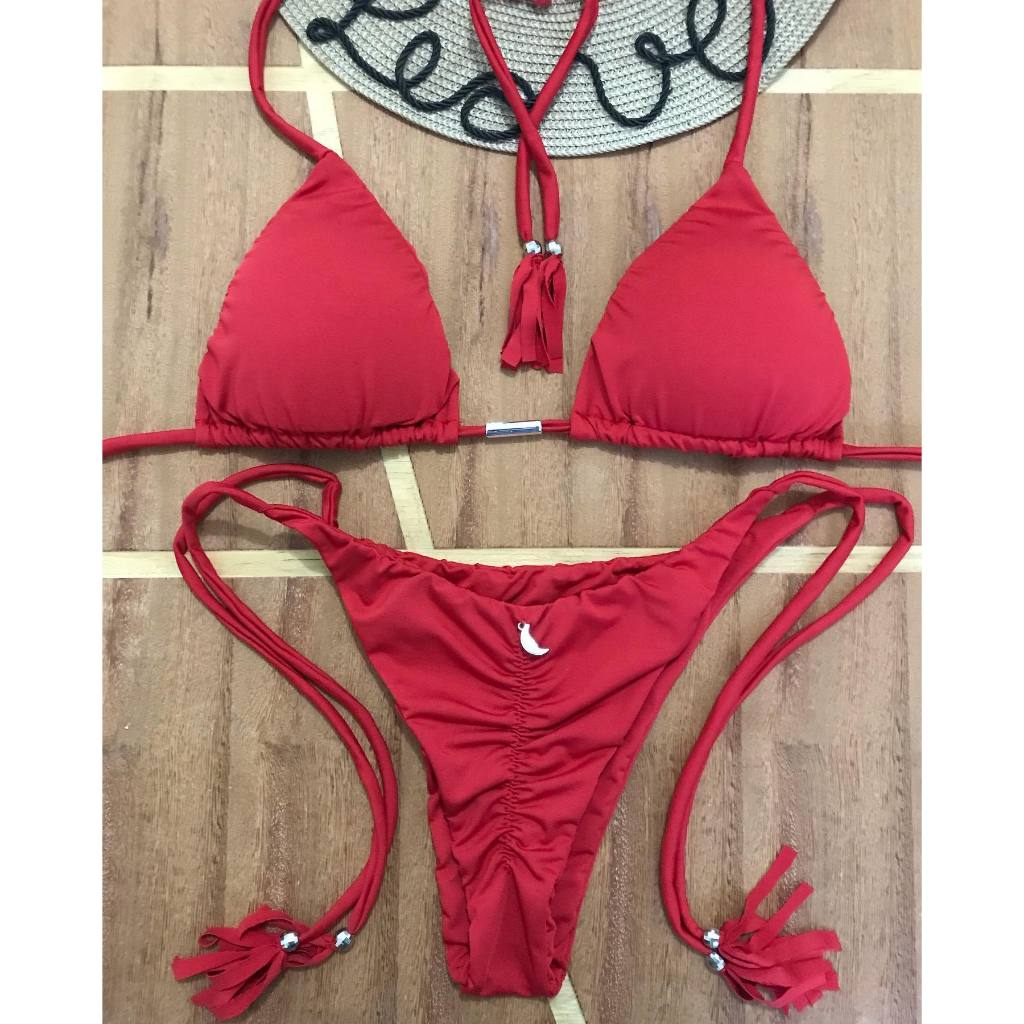 Biquini cortininha com calcinha empina bumbum lacinho - vermelho! bojo removível