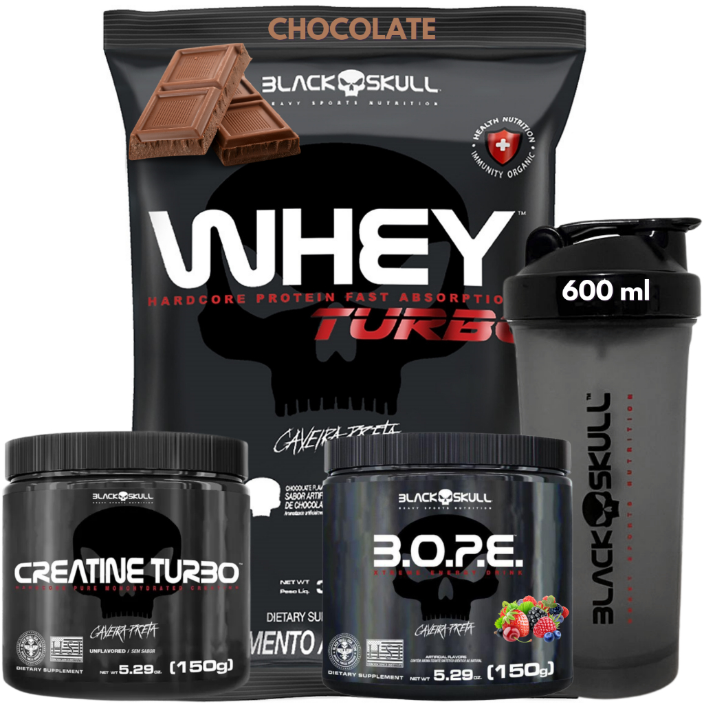 Whey Turbo 907g + Creatina Monohidratada Turbo 150g + Pré Treino B.O.P.E. 150g + Coqueteleira - Kit Suplemento Black Skull