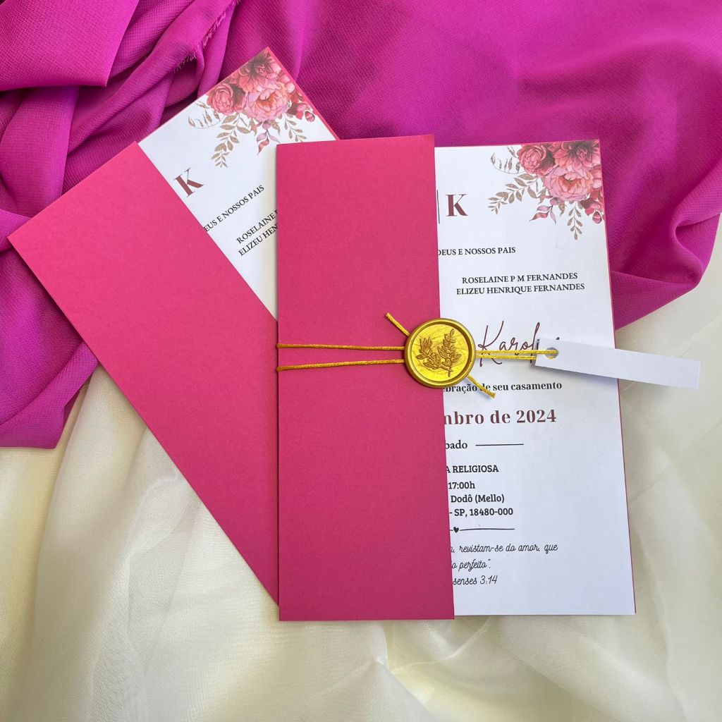 Convites para casamento personalizado, envelope colorido, fio e lacre de cera - modelo meio envelope