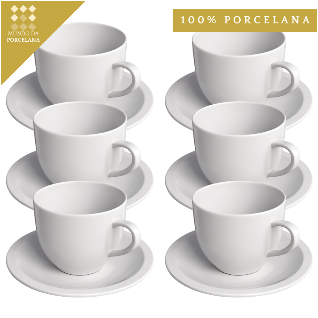 Jogo 6 Xicara Café Chá Porcelana Branca 170ml Com Pires Lar e Decoração em Oferta na Shopee
