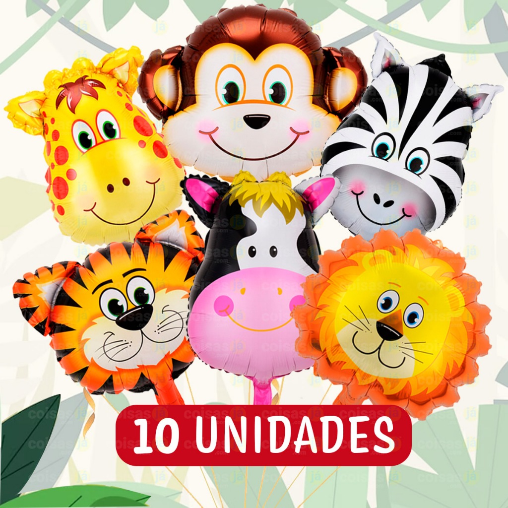 Kit 10 Balão Safari Animais Metalizado 40cm Decoração Festa Aniversário Bichinhos Leão Tigre Zebra