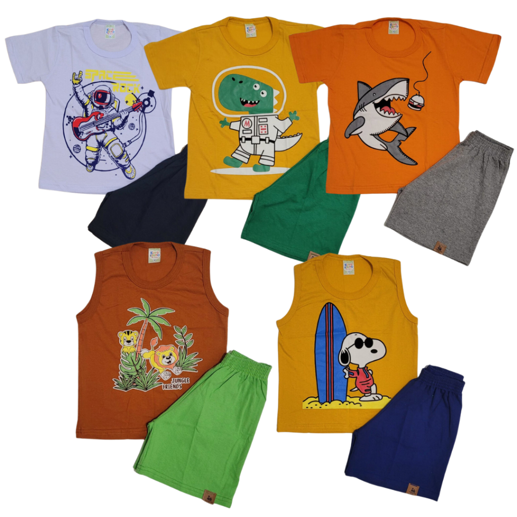 Kit 6 Peças de Roupa Infantil Menino Masculino 3 Camisetas + 3 Bermudas - 1 a 6 Anos em Oferta na Shopee