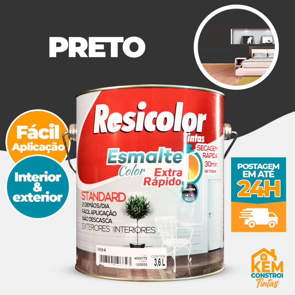 Tinta Esmalte Sintético Brilho Standard Interior e Exterior Preto 225ML/900ML/3,6L