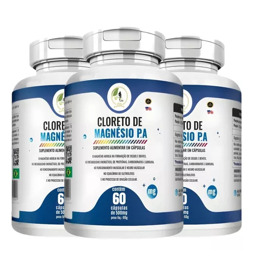 Kit C/ 3 Cloreto de Magnésio PA 500mg 180 Cápsulas Fortaleça Memória Fits Life