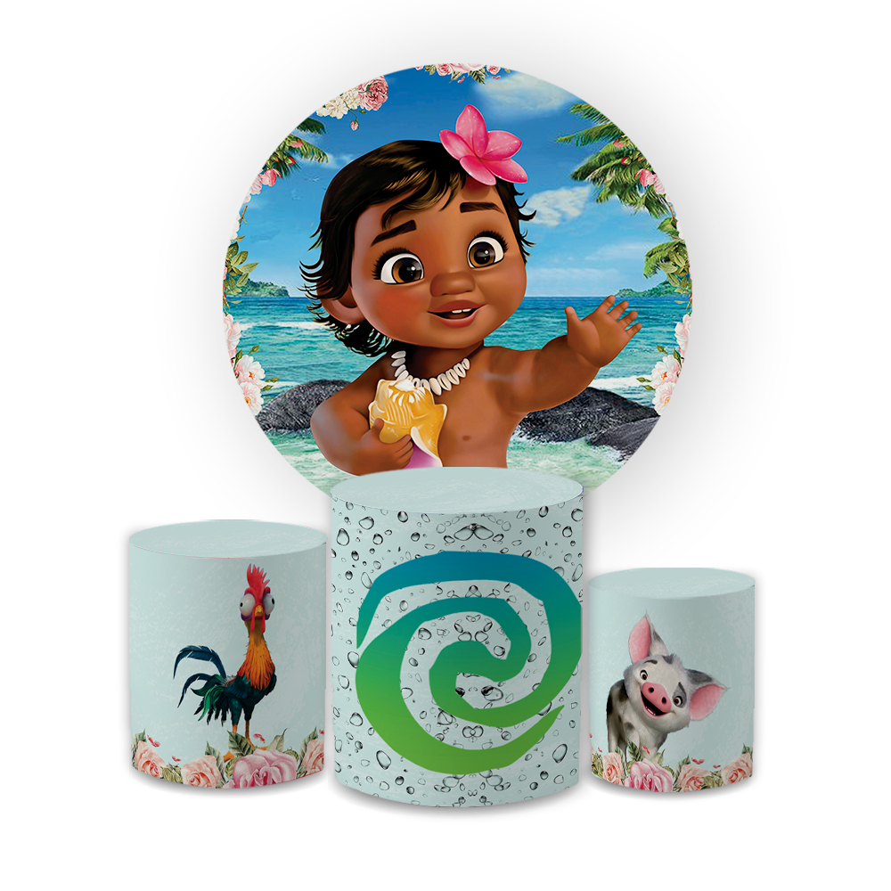 Kit Capa Painel Redondo + Trio Cilindros Tema Infantil Moan Baby Princesa Do Mar Menina Sublimado Bibi
