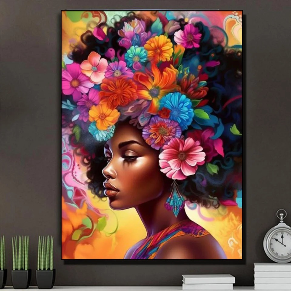 Quadro decorativo mdf 70x50 alta qualidade 4k mulher africana cabelo flor colorido em Oferta na Shopee