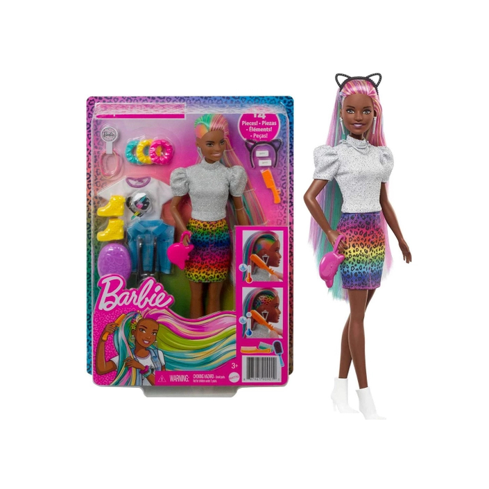 Boneca Barbie Penteado Arco-íris Animal Print Negra GRN82 - Mattel