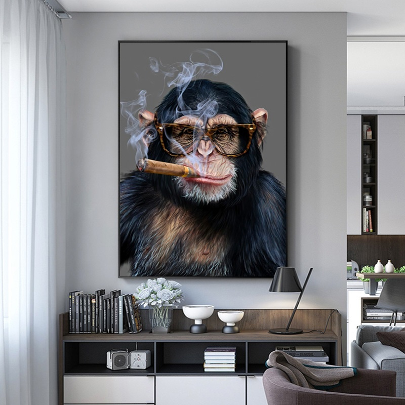 Quadro decorativo mdf 70x50 alta qualidade 4k gorila macaco fumando charuto