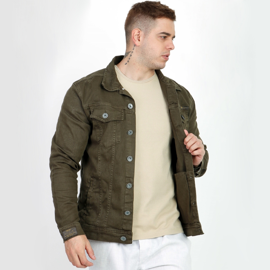 Jaqueta Destroyed Sarja Jeans Verde Musgo Slim Masculina Jaqueta Agasalho Inverno Premium