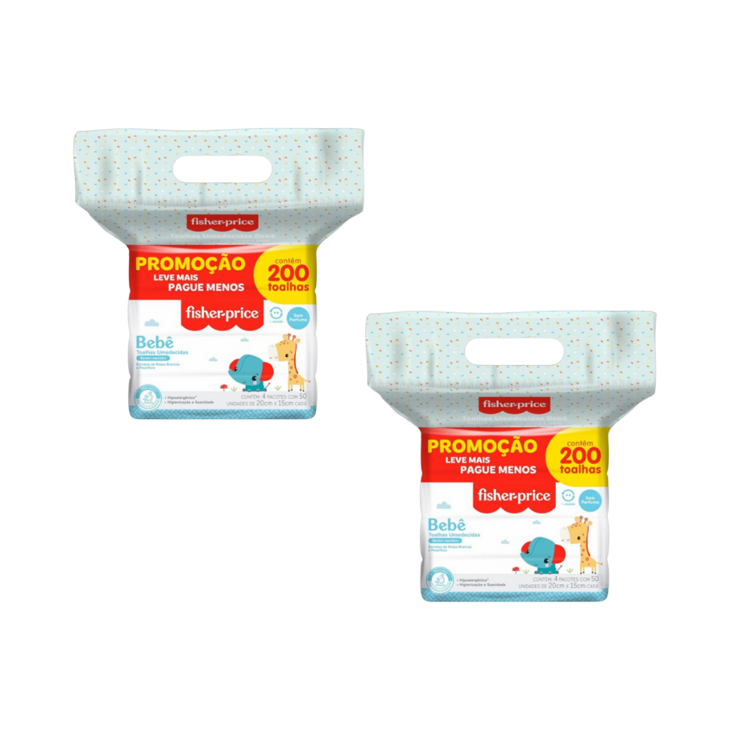 Toalha Umedecida Fisher Price RN S/Perfume 2 Packs 200 Folhas - 400 Folhas Total