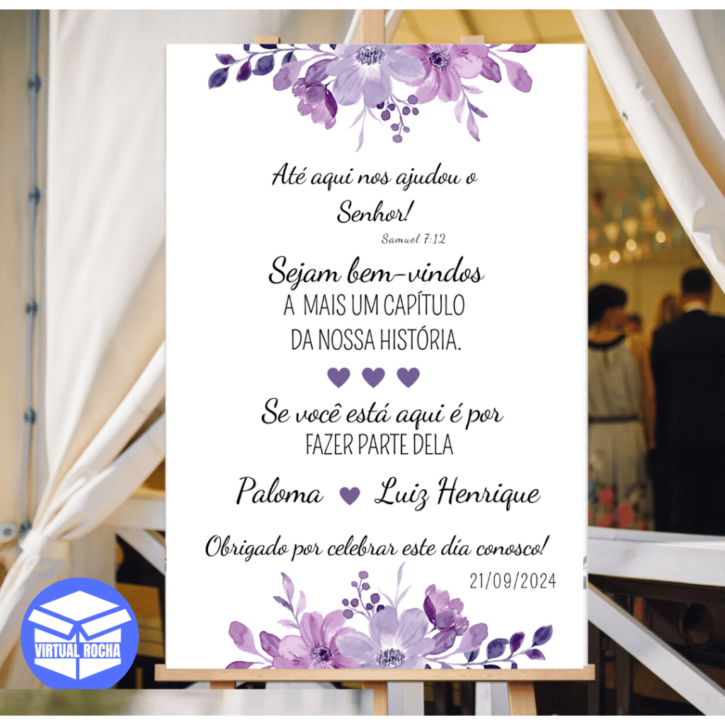 Placa Decorativa Casamento Roxo Bem vindos Até aqui nos ajudou o Senhor em Oferta na Shopee