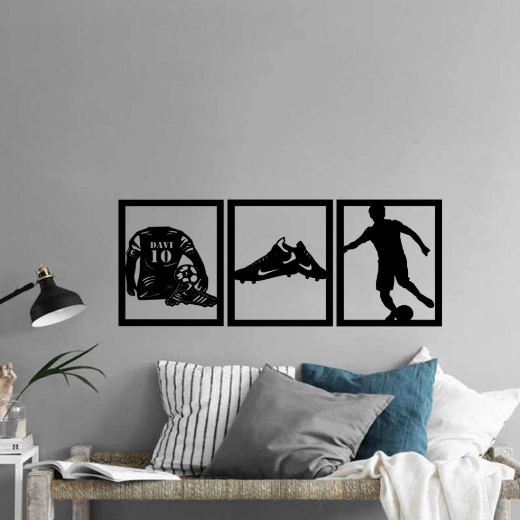 Kit 3 Quadros Futebol Bola Jogador em MDF Personalizado Nome Numero Decorativo Quarto Criança — imagem 2 de 2